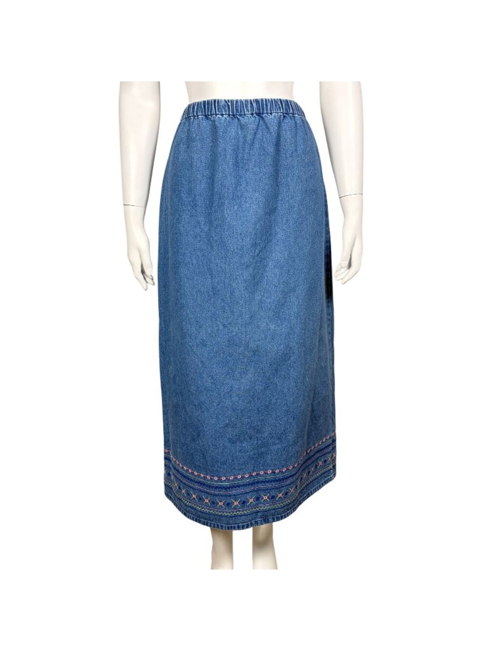 Vintage Denim & Co Embroidered Denim Midi Skirt Size M